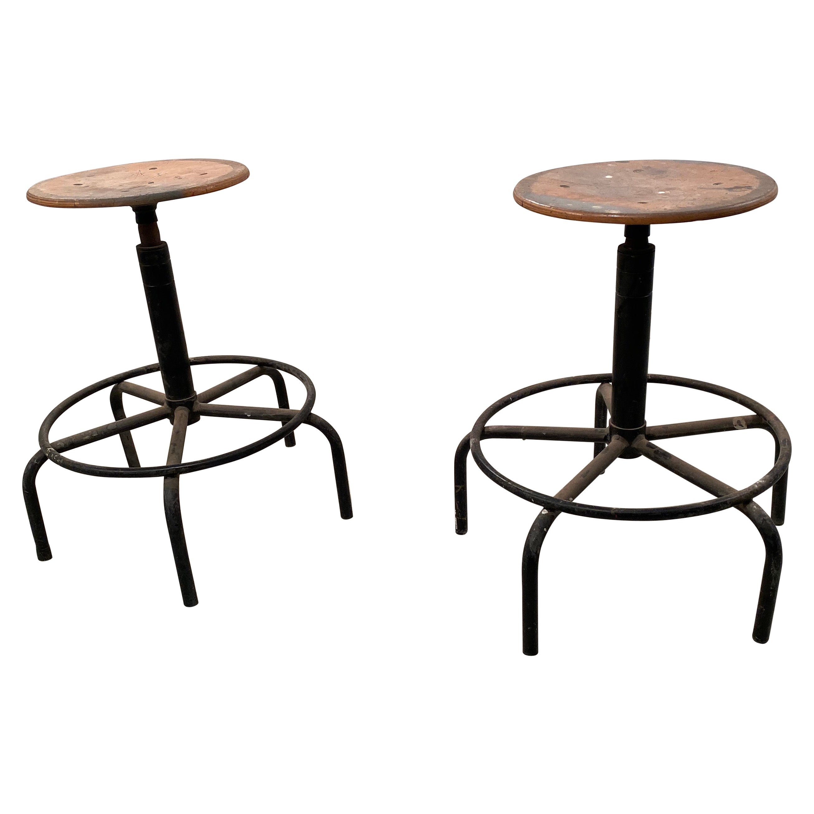 Pair of Industrial Adjustable Bar Stools For Sale at 1stDibs