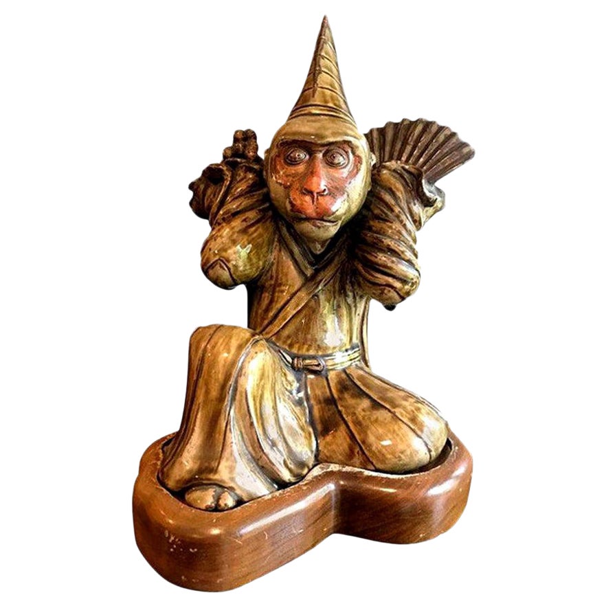 Japanese Signed Glazed Edo/Meiji Ceramic Pottery Monkey with Custom Wood Stand For Sale
