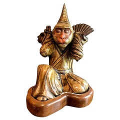 Japanese Signed Glazed Edo/Meiji Ceramic Pottery Monkey with Custom Wood Stand