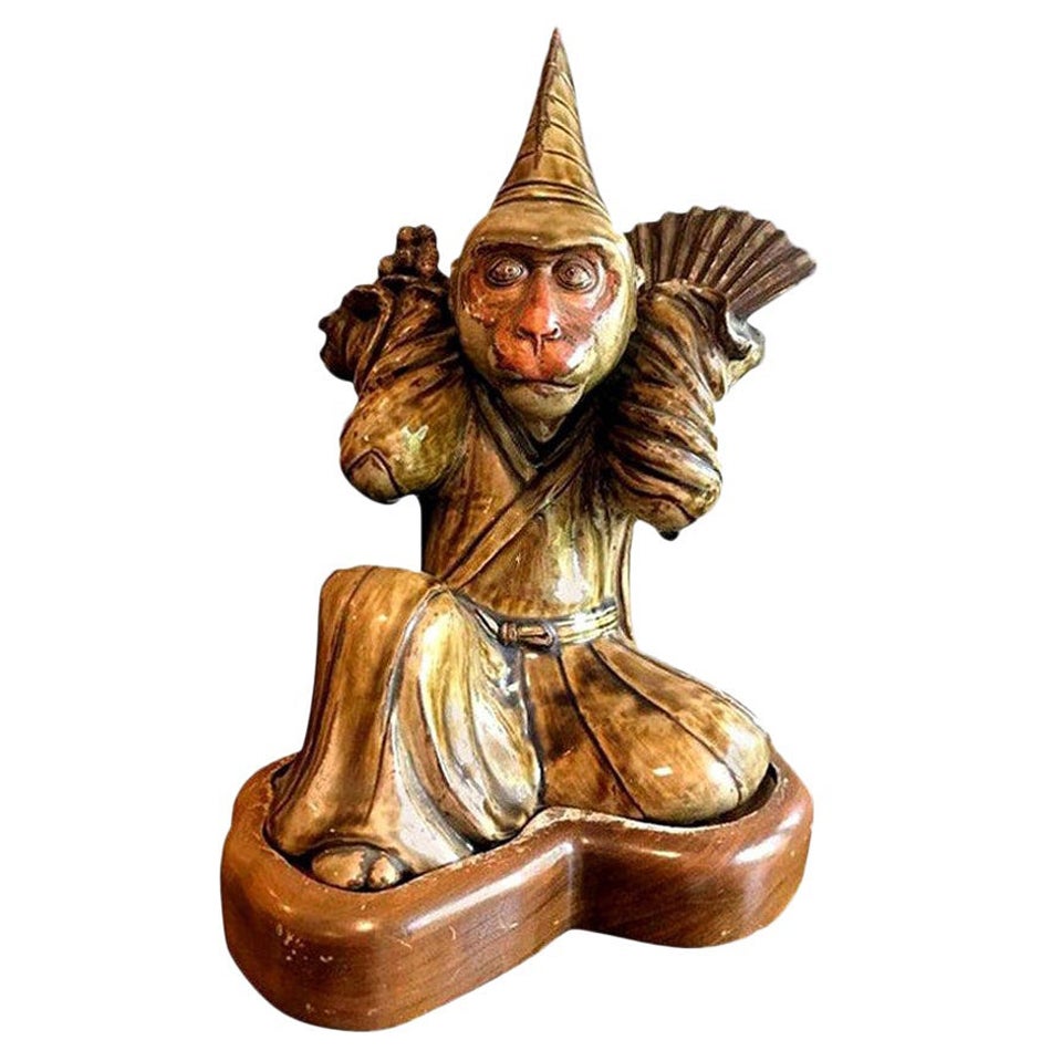 Japanese Signed Glazed Edo/Meiji Ceramic Pottery Monkey with Custom Wood Stand For Sale