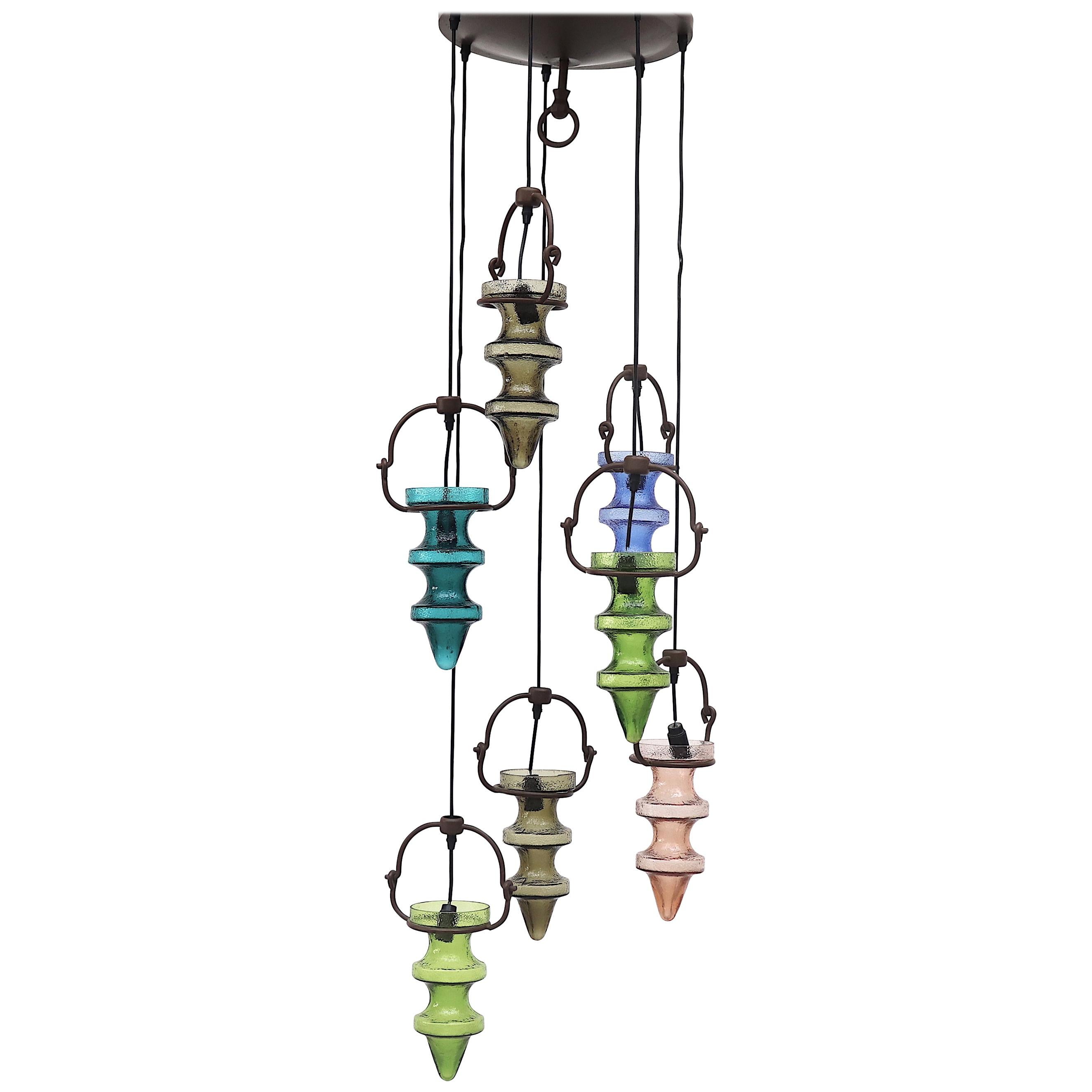 “Night Club” Chandelier by Nanny Still in Multi-Colored Glass and Brown Iron For Sale