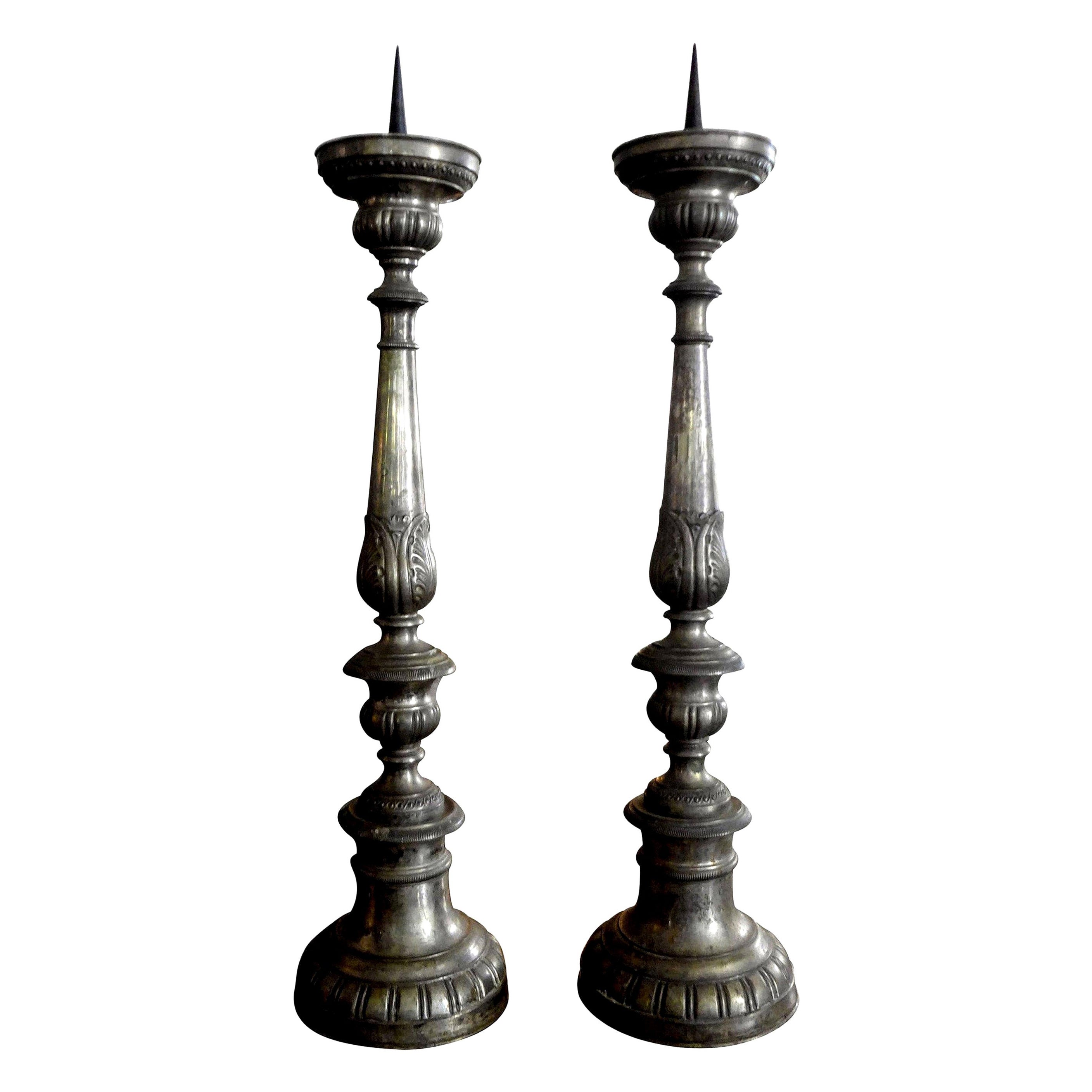 Pair of 19th Century Italian Louis XVI Style Silver Plate Candlesticks