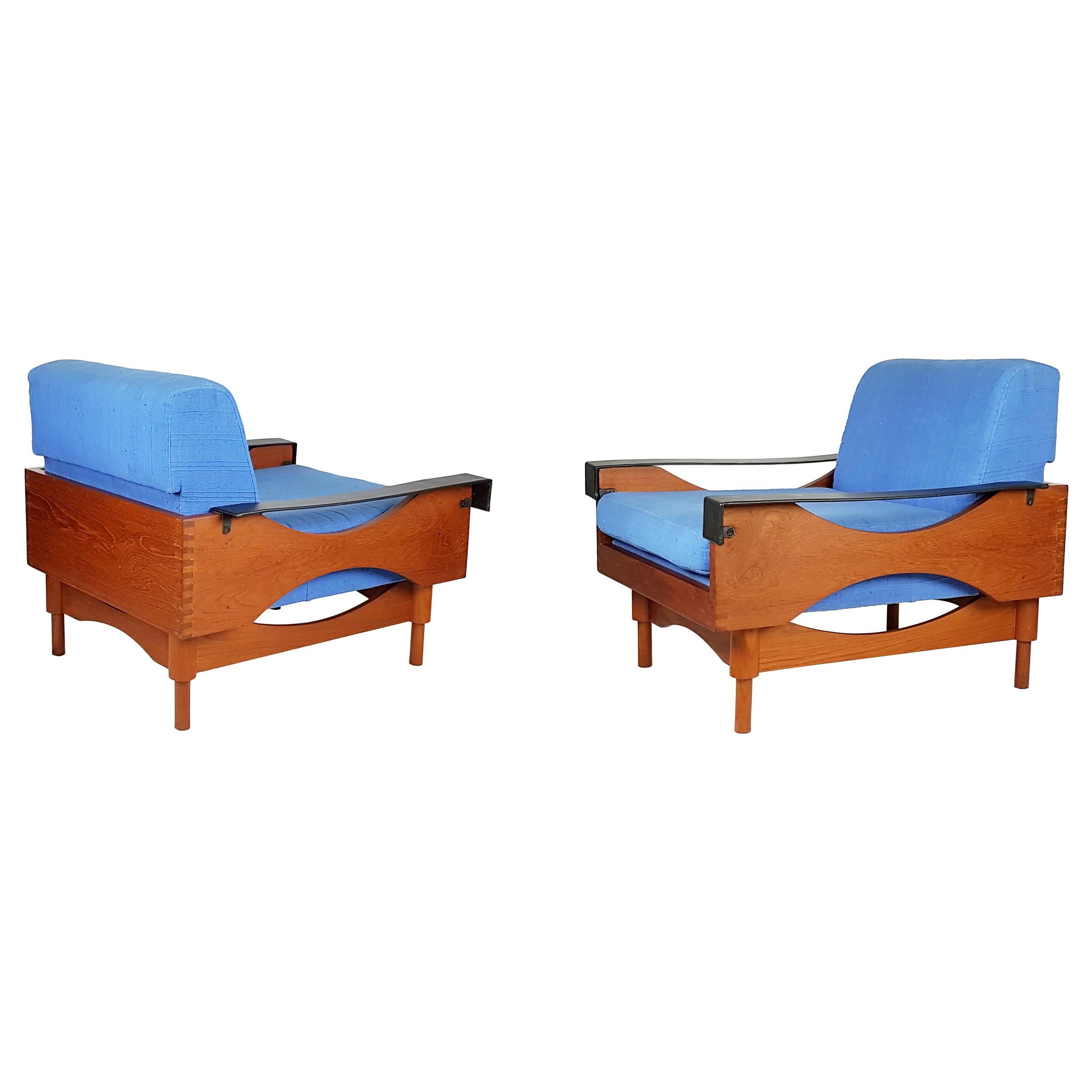 Black Skai Teak & Blue Cushioned 1960s Armchairs by F.Lli Saporiti'attr to' For Sale
