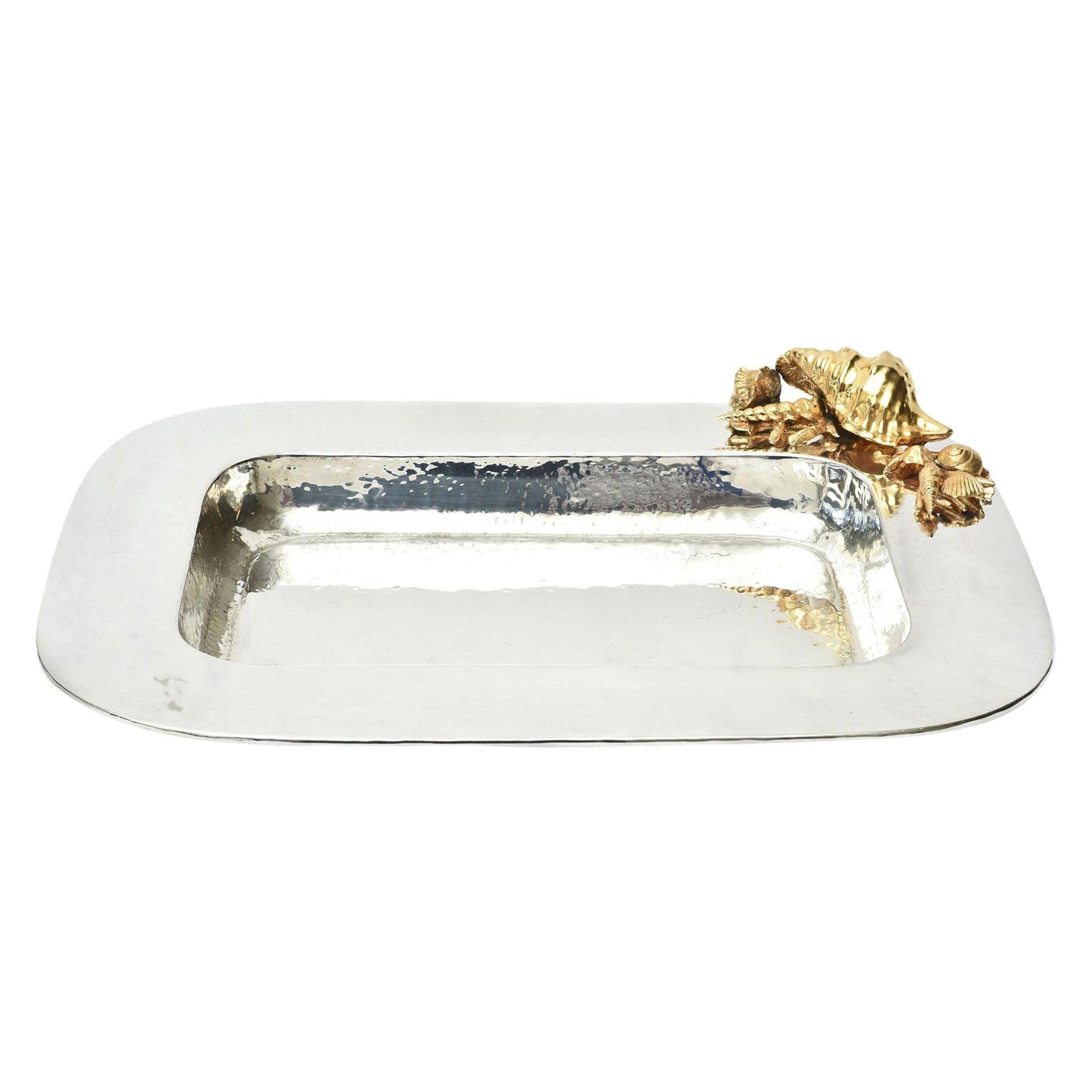 Hand-Hammered Silver-Plate and 24-Carat Gold-Plated Sea Shell Tray Signed