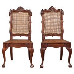 Antique Pair of Carved Side Chairs with Rattan Seat and Back