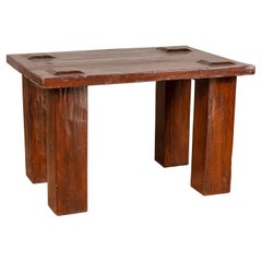 Vintage Javanese Midcentury Wooden Bench with Raised Motifs and Straight Legs