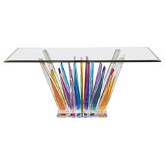 Rock Acrylic Blue Purple Yellow Multi-Color Console with Clear Beveled Glass Top
