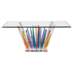 Console en acrylique de roche bleu, violet et jaune avec plateau en verre biseauté transparent