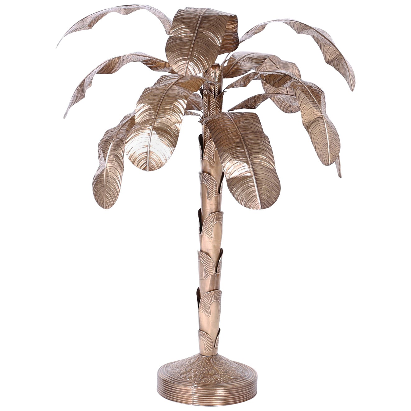 Italian Gold Palm Tree Metal Faux Bamboo Plant Brass Pot Statue Palm