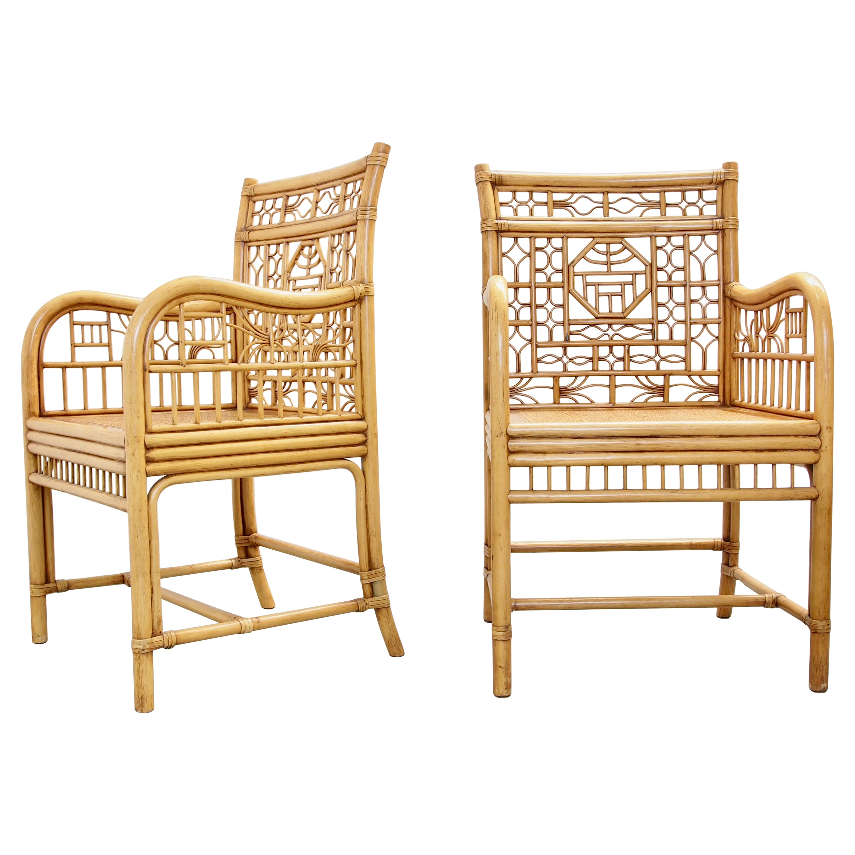 Rattan Wicker Arm Dining Chairs Vintage Set of 4 Faux Bamboo Palm Beach