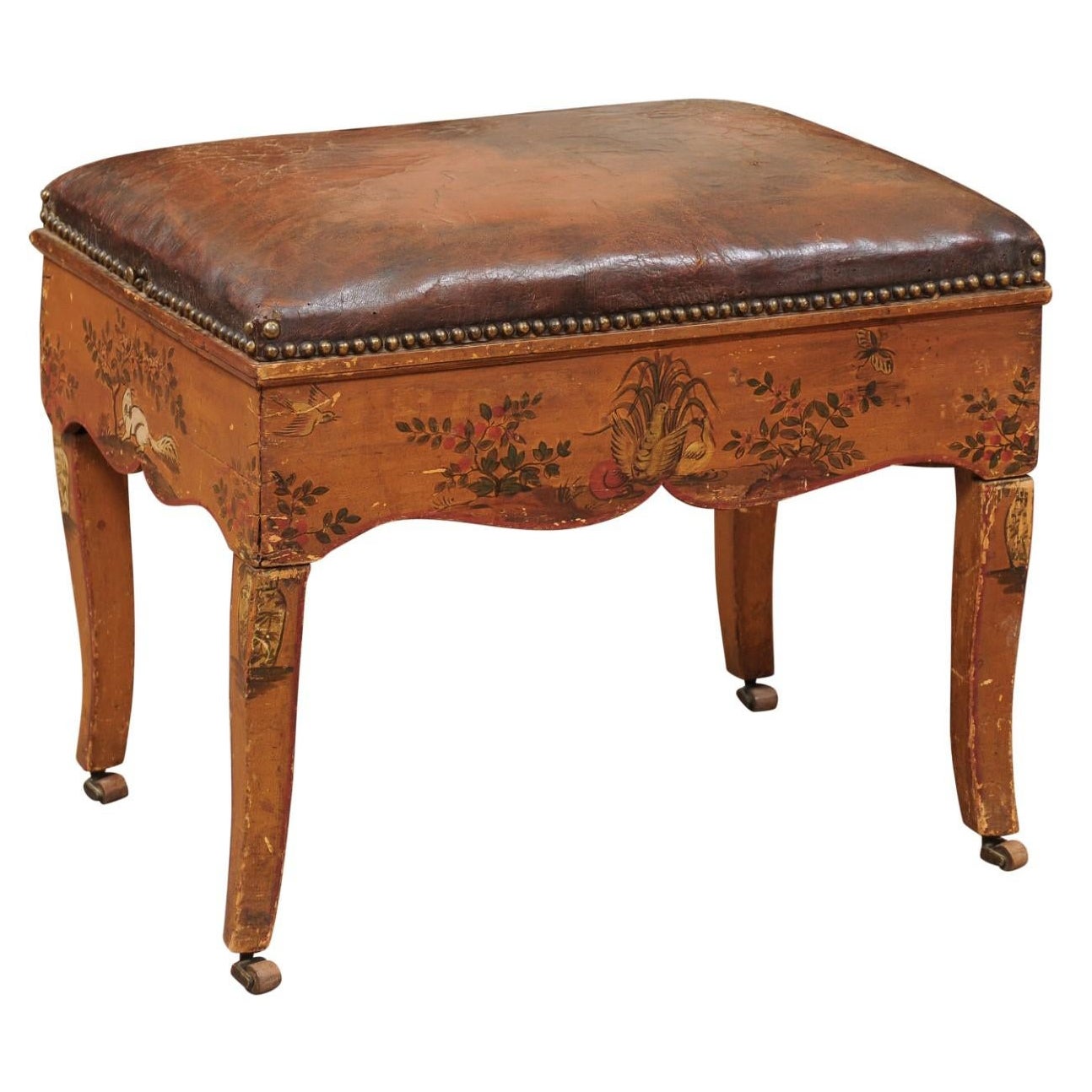 18th Century Italian Stool with Painted Decoration & Leather Upholstered Seat