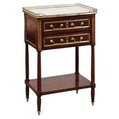 Louis XVI Walnut Chevet with 2 Drawers, Lower Shelf, and White Marble Top