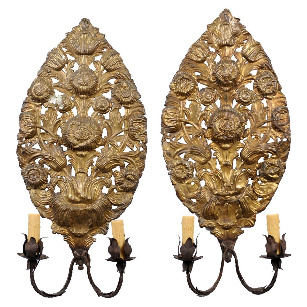 Pair of Metal Sunflower Sconces with 2-Lights For Sale