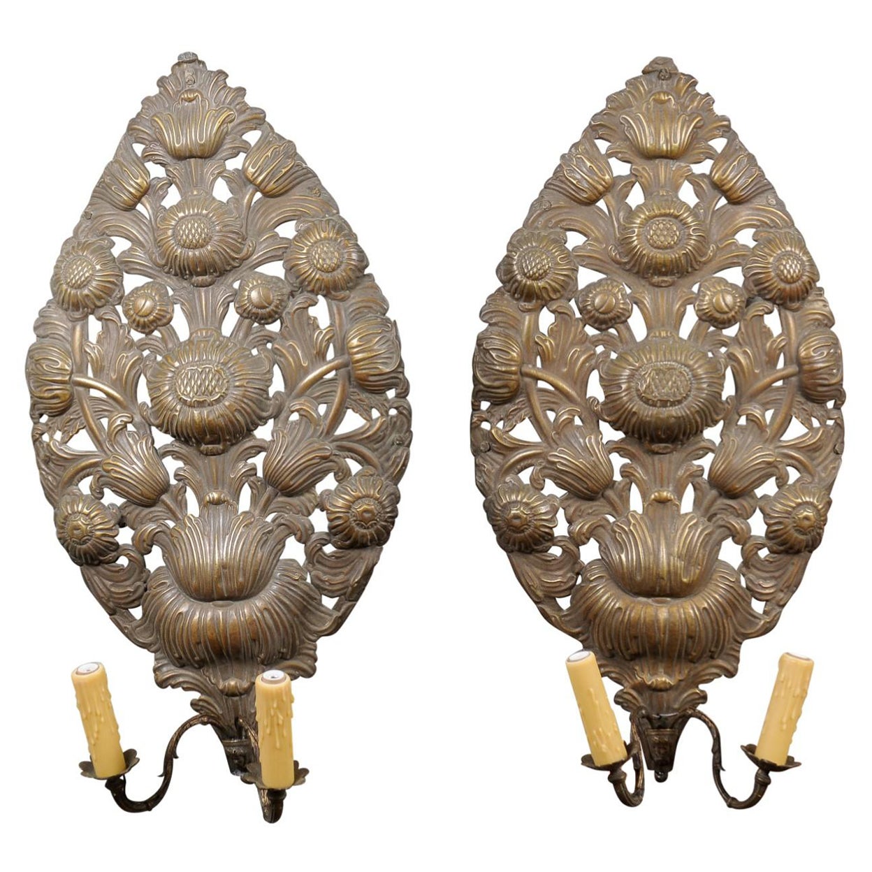 Pair of Gilt Metal 2-Light Sconces with Sunflower Motif For Sale