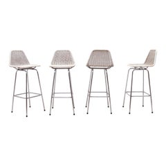 Vintage Set of 4 Charlotte Perriand Style White Rattan Bar Height Stools w/ Chrome Legs