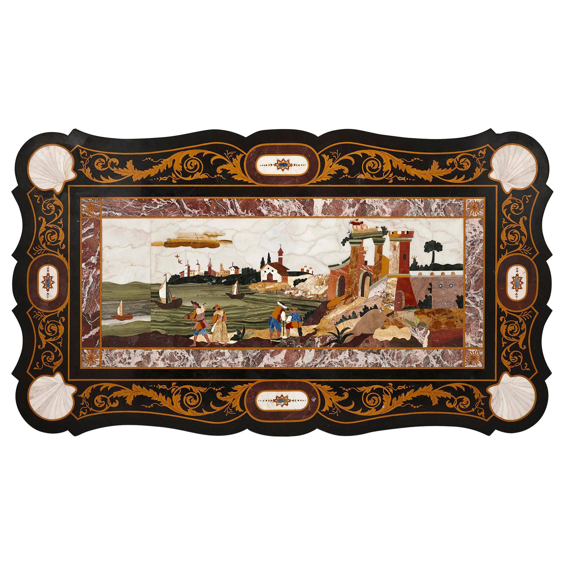 Plateau de table italien ancien avec scène en Pietra Dura en vente