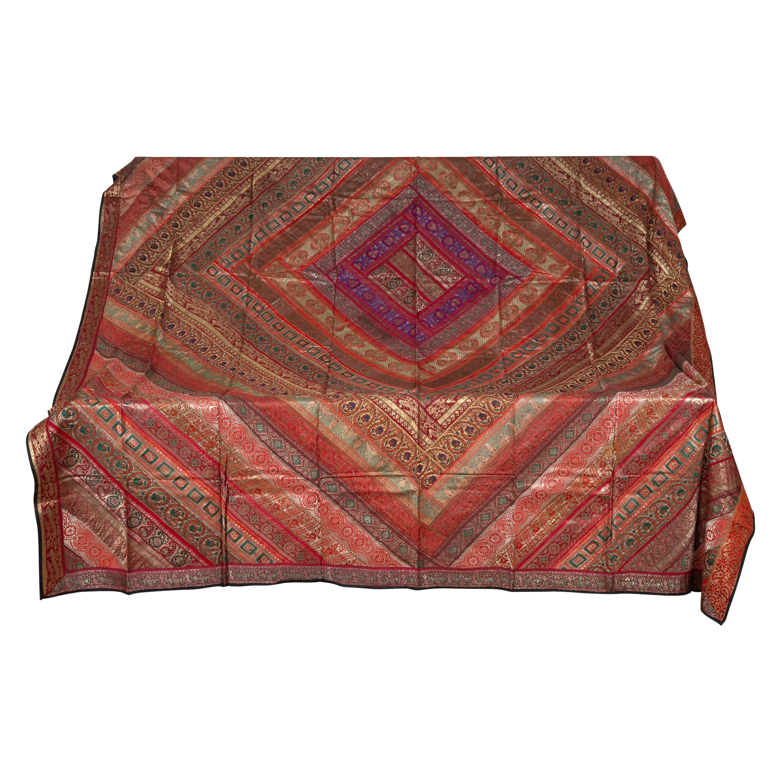 Vintage Indian Silk Embroidered Fabric with Red, Orange, Purple and Golden Tones