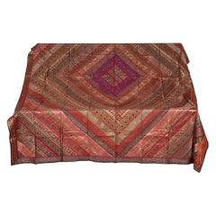 Vintage Indian Silk Embroidered Fabric with Red, Orange, Purple and Golden Tones