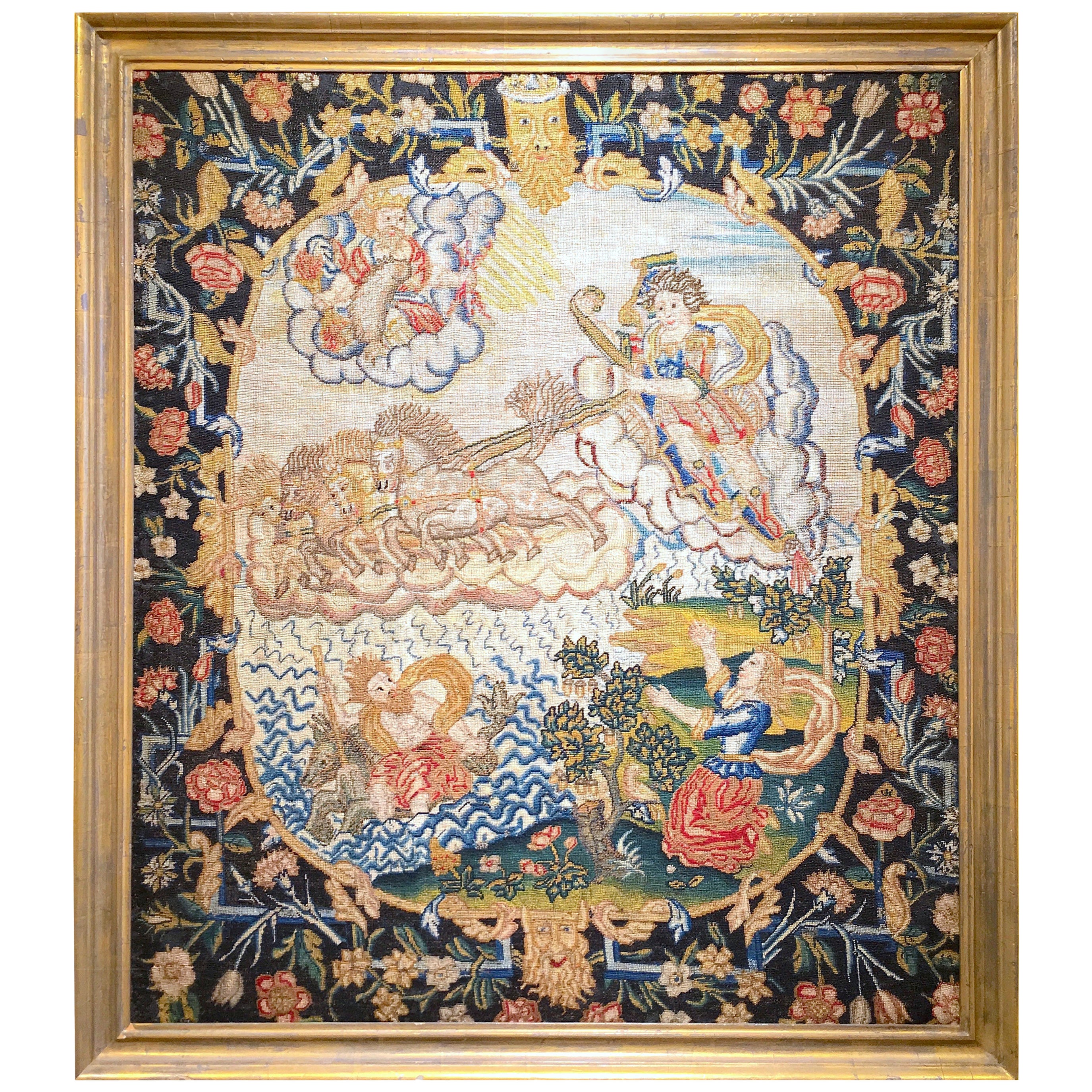 Antique 18th Century English Needlework Tapestry Picture of Flowers For