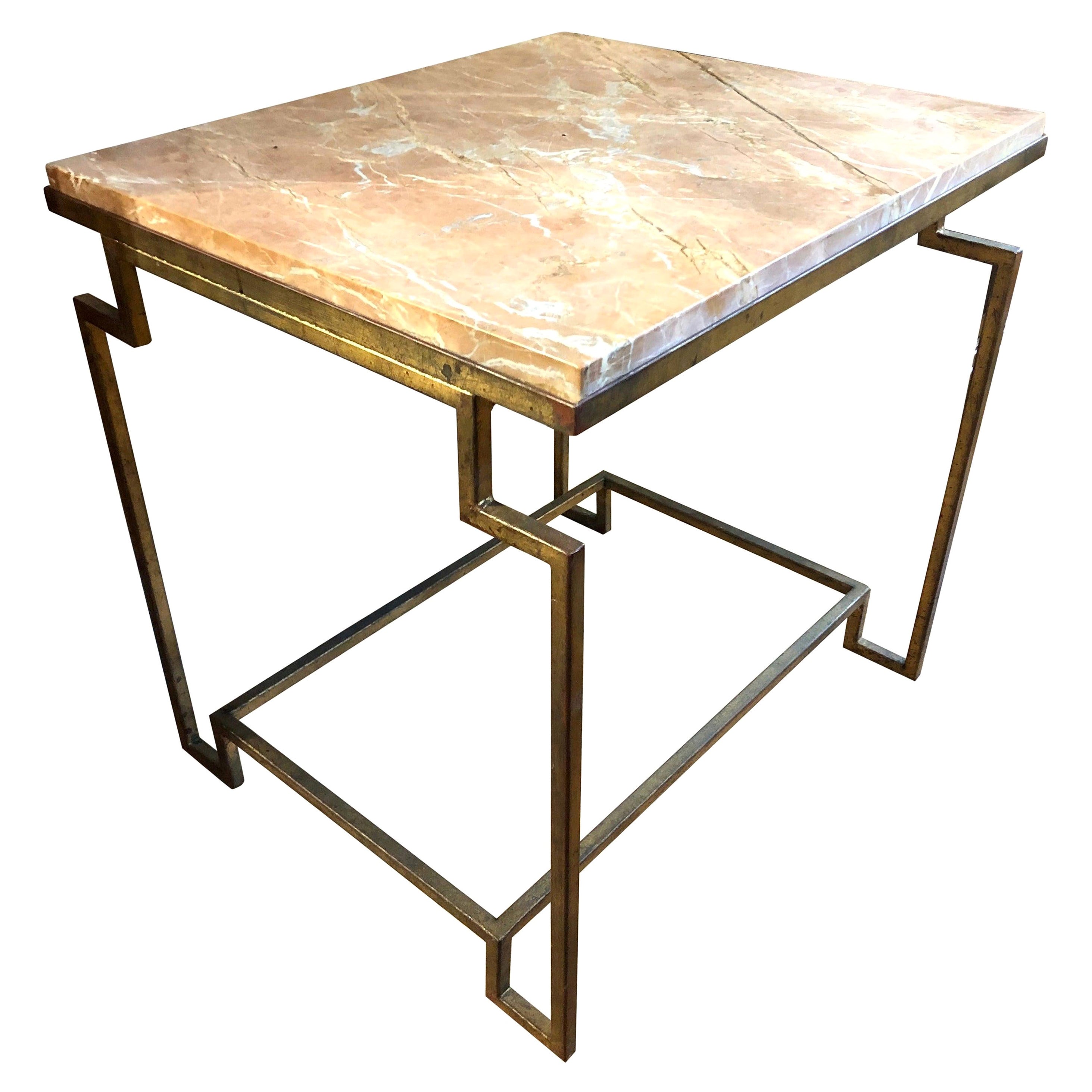 Custom Designed Art Deco Style Gold Gilt Metal Fossilized Limestone Side Table For Sale