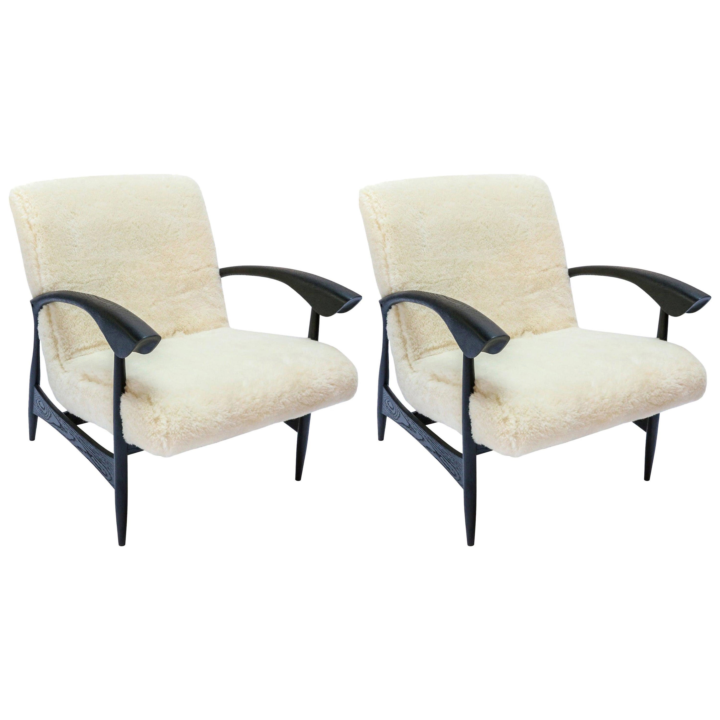 Pair of Custom Black Matte Oak Armchairs in Ivory Wool by Adesso Imports For Sale