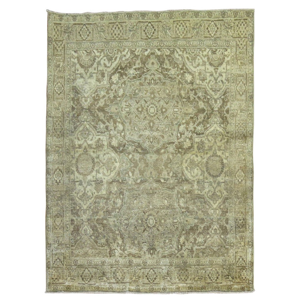 Zabihi Collection Brown Gold Antique Persian Tabriz Rug For Sale
