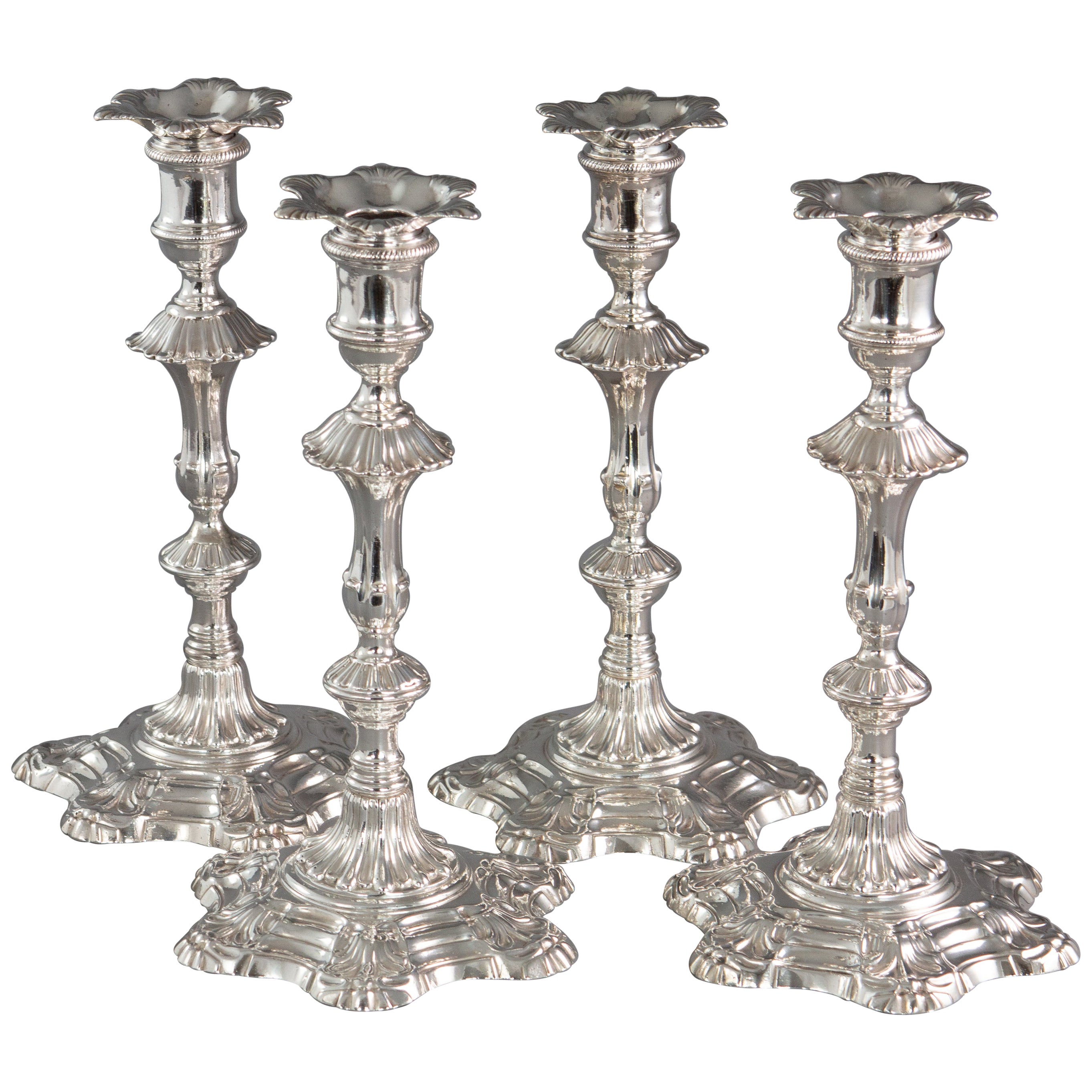 A Pair of Cast Silver Candlesticks, London 1752 For Sale at