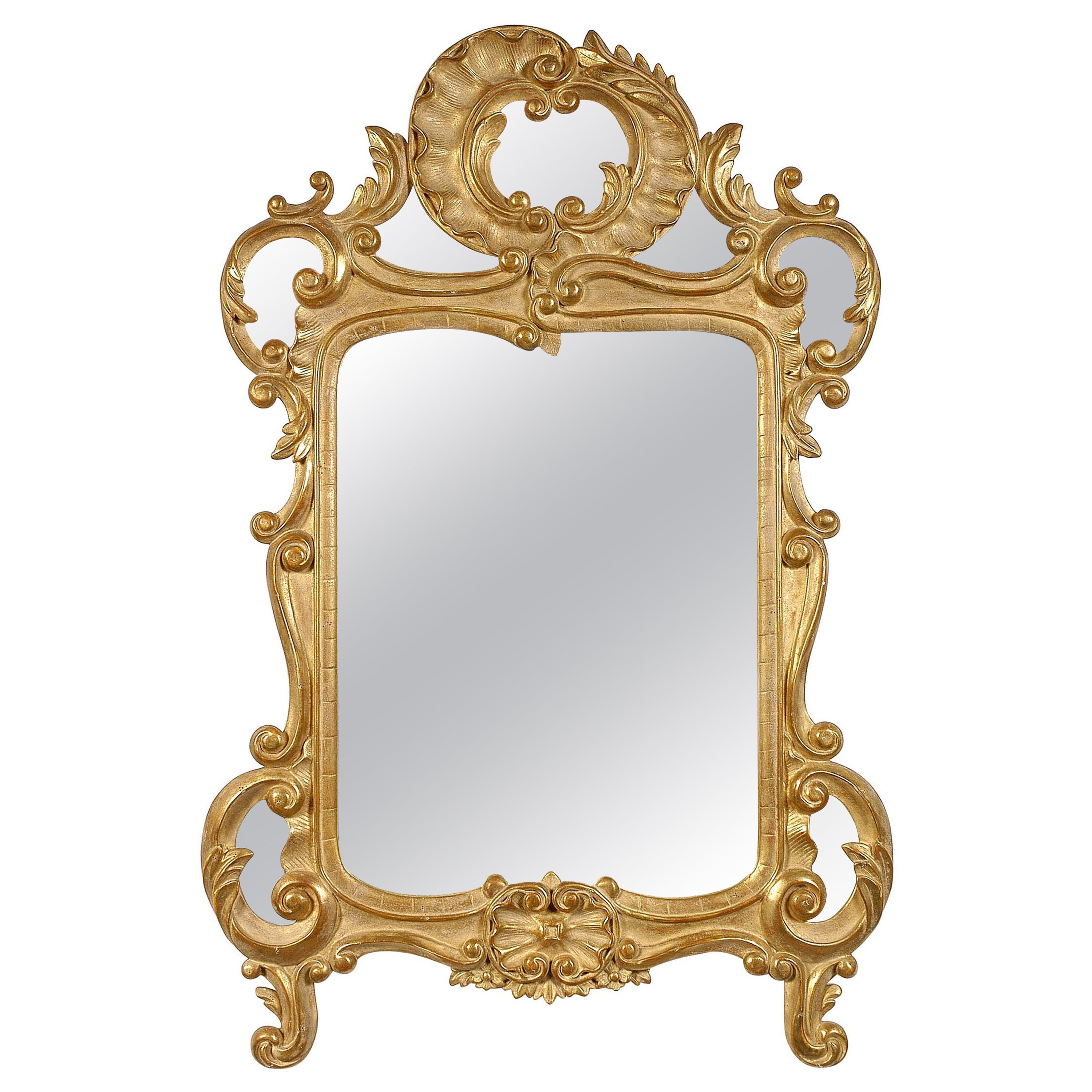 Neoclassical Baroque Style Gold Foil Hand Carved Wooden Mirror, 1970 For Sale