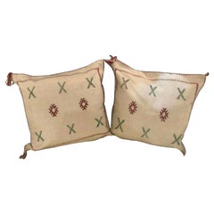 Vintage Moroccan Hand-Loomed Wool Off-White Pillows, Pair