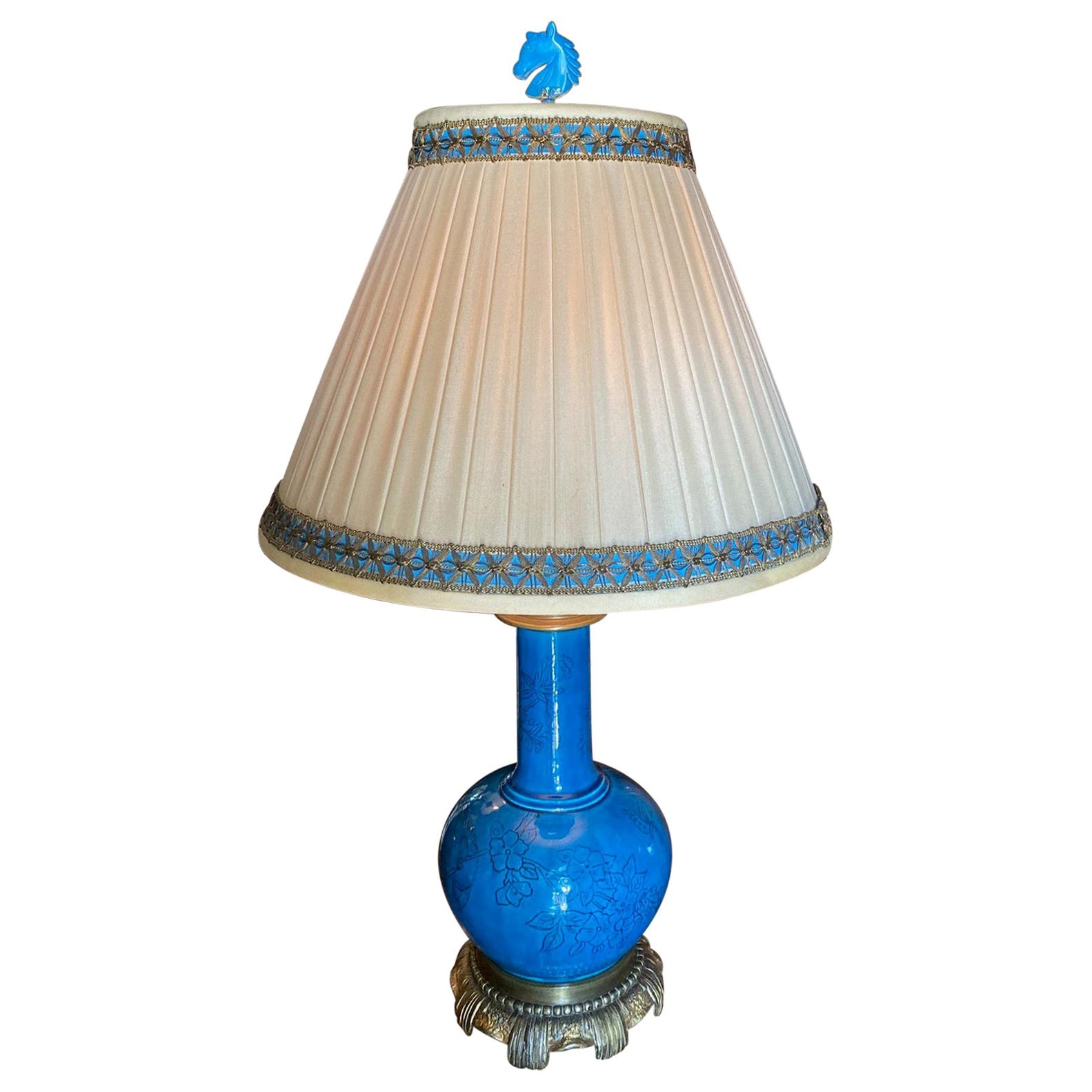 18th C. Table Lamp Ceramic Baluster Chinese blue Vase & Shade Finial Antiques LA