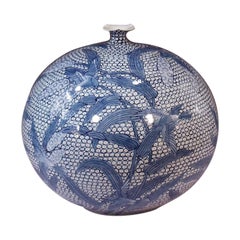 Japanese Contemporary Blue White Porcelain Vase by Master Artist, 3
