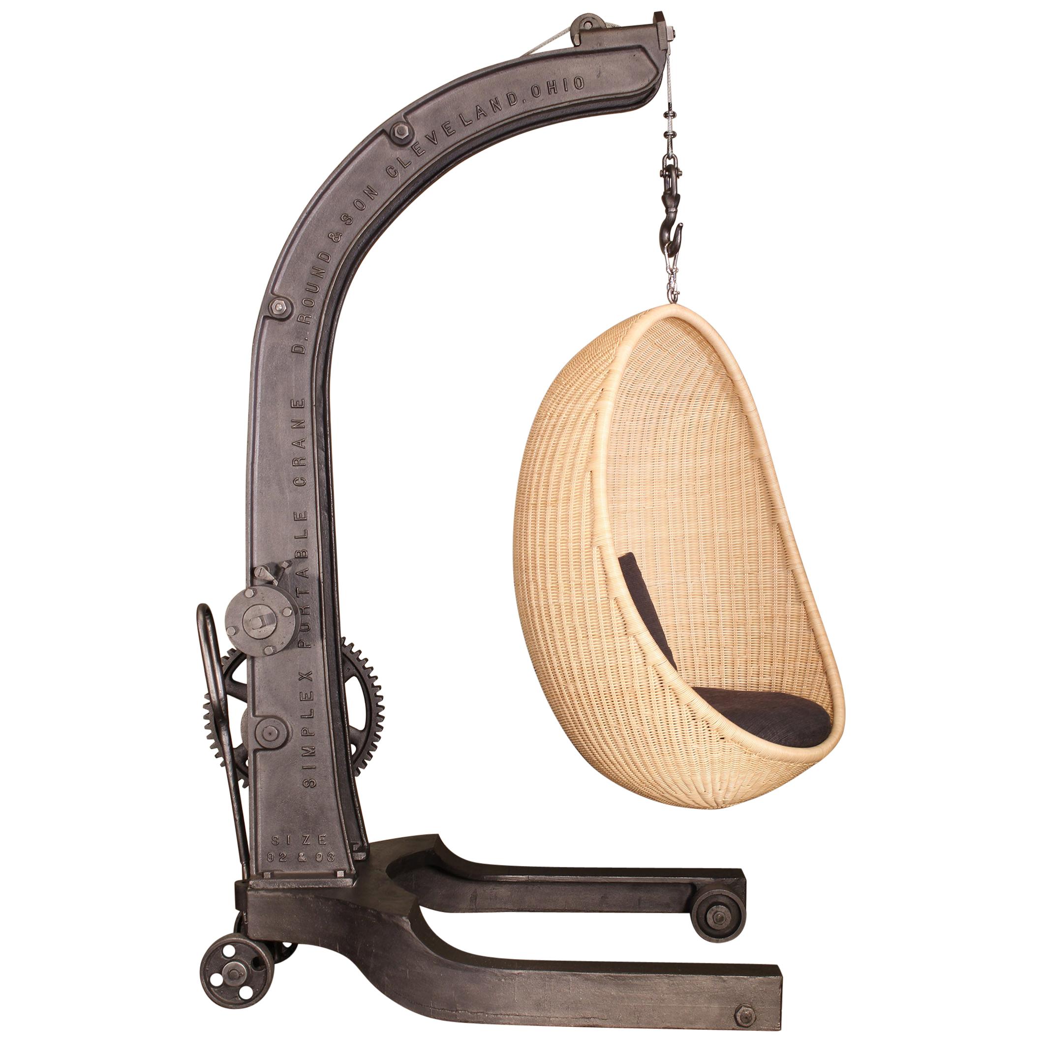 Hanging Egg Chair and 1920s Cast Iron Engine Hoist