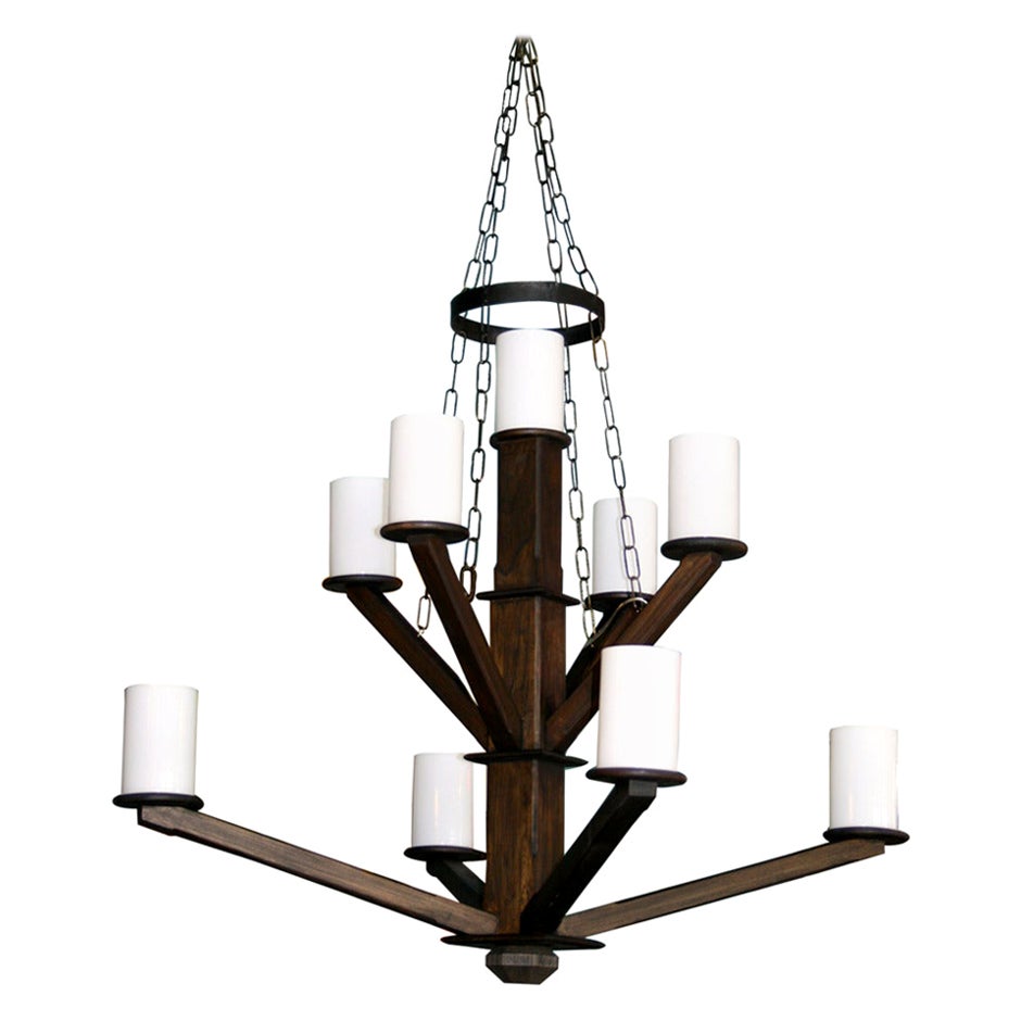 Large Custom Wood Chandelier with Glass Cylinder Shades For Sale