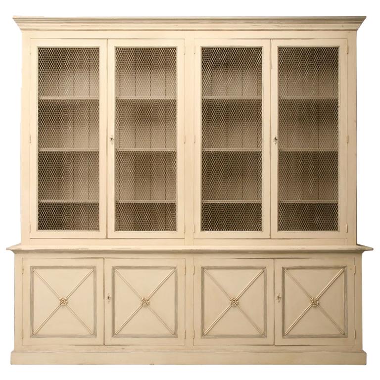 Directoire Style Painted Bookcase with Chicken Wire Doors