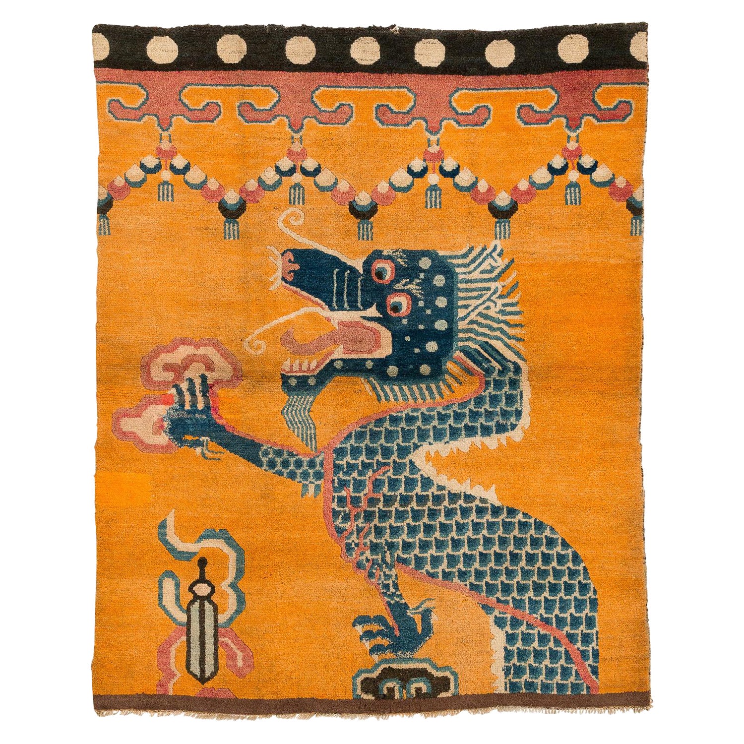 Antique 19th Century Chinese Tibetan Orange Dragon Pillar Rug or Wall Hanging For Sale