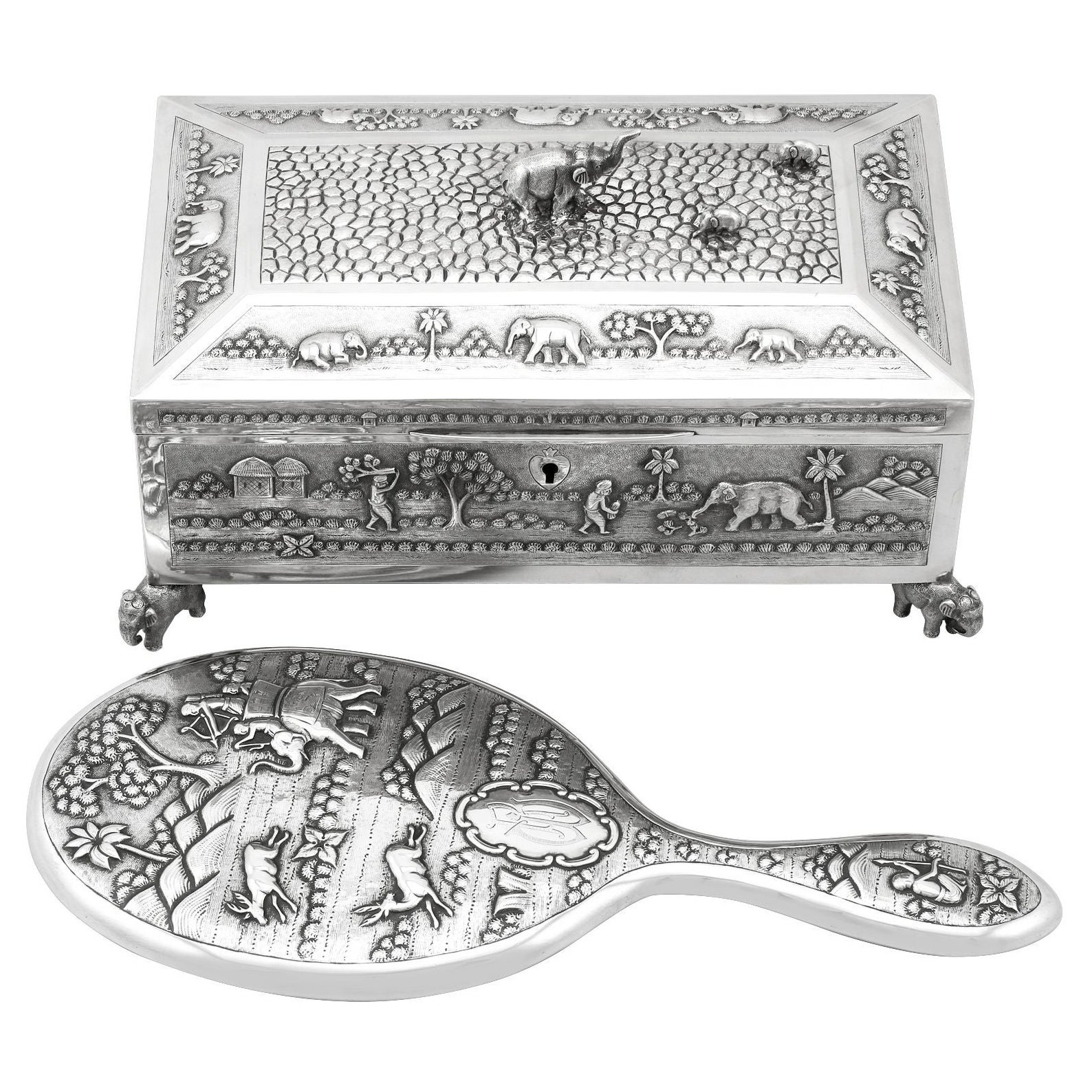 Antique Indian Silver Jewelry Casket and Hand Mirror, Circa 1890 For Sale