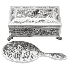 Coffret à bijoux indien ancien et miroir à main en argent, vers 1890