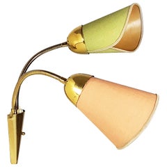 Midcentury Brass, Pink & Green Fabric Wall Lamp with Adjustable Shades and Inte