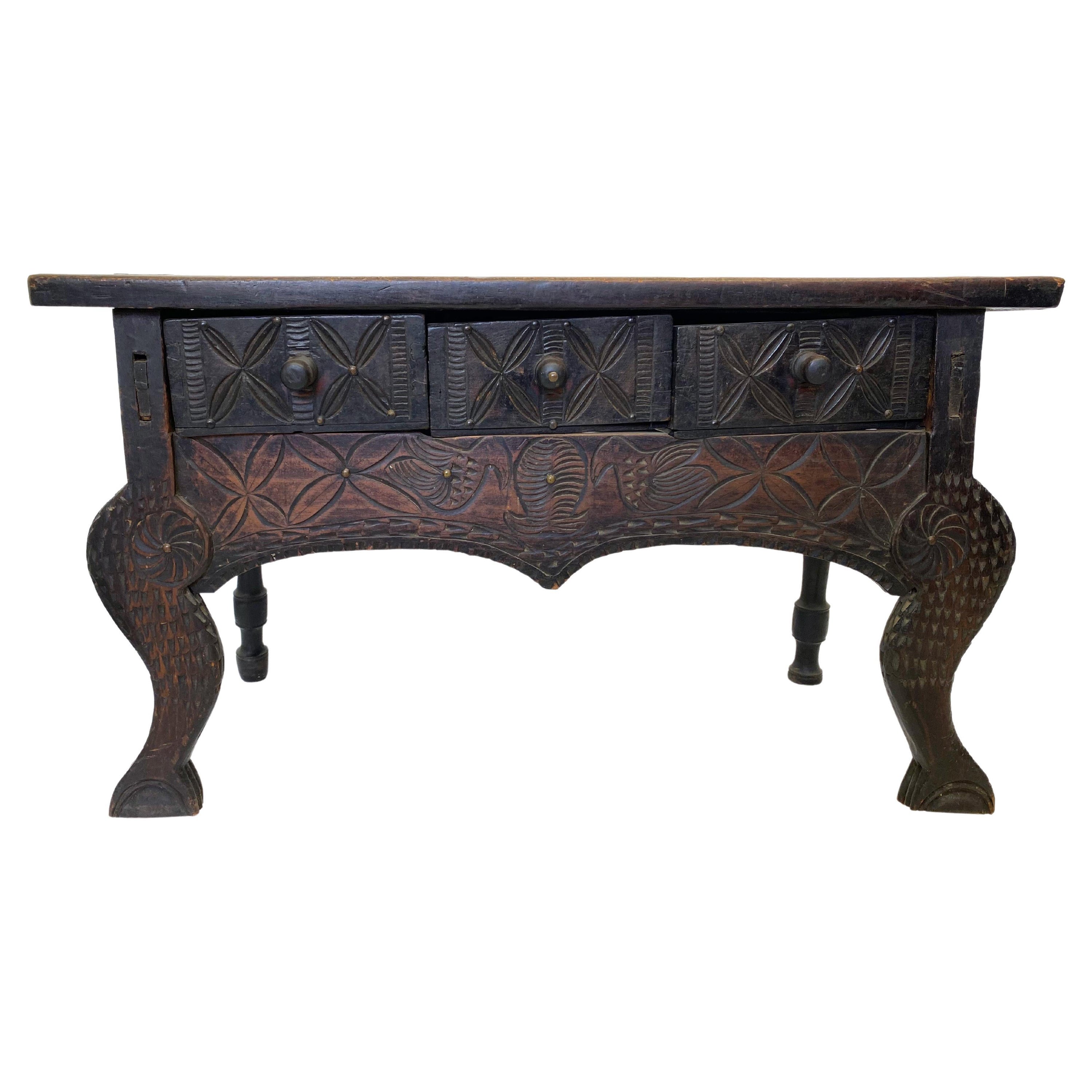 Antique Hand Carved Nahuala Table from Guatemala For Sale