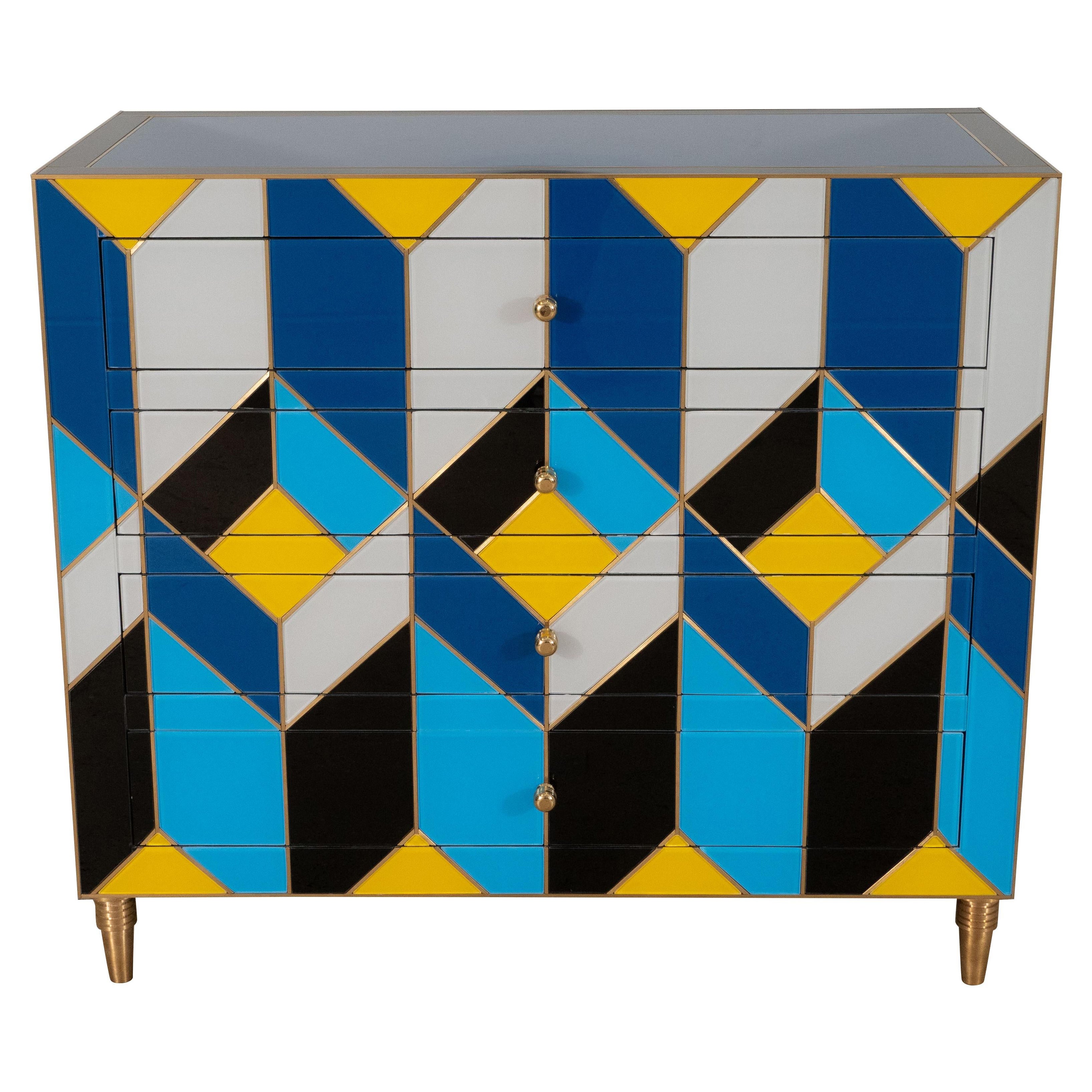 Blue, Ivory, Black, and Yellow Glass with Brass Inlay Chest of Drawers, Spain For Sale