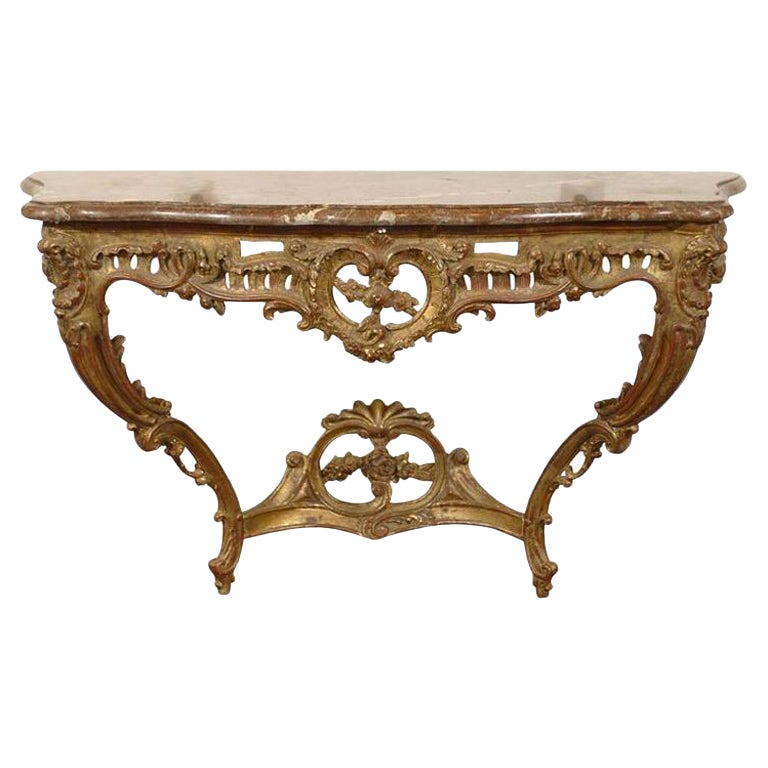 Table console en bois doré sculpté de style rococo des années 1890 avec décor floral