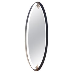 Mid-Century Metal Brass and Crystal Large Oval Shaped Mirror, Italy, 1950