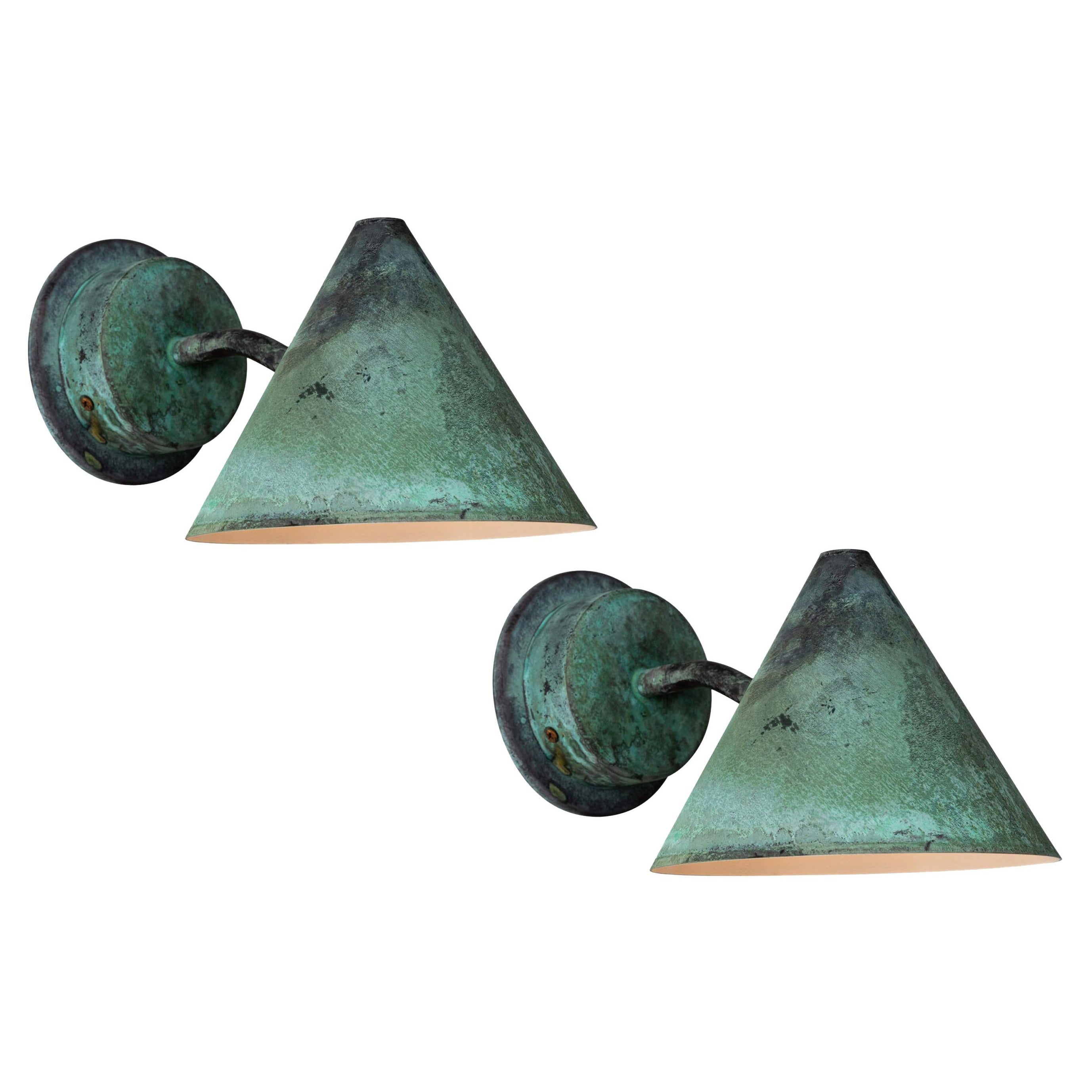 Pair of Hans-Agne Jakobsson 'Mini-Tratten' Verdigris Patinated Outdoor Sconces For Sale
