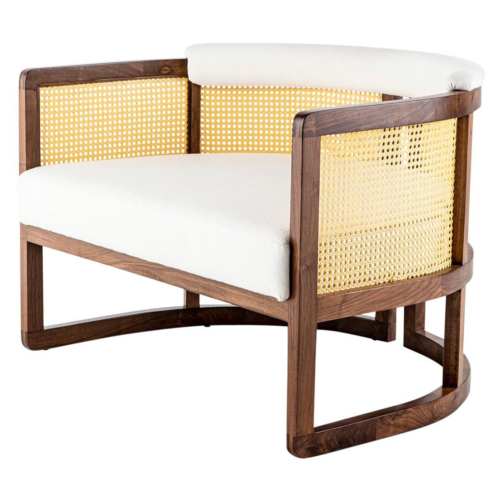 Walnut Timber, Rattan and Linen Livingston Lounge Chair