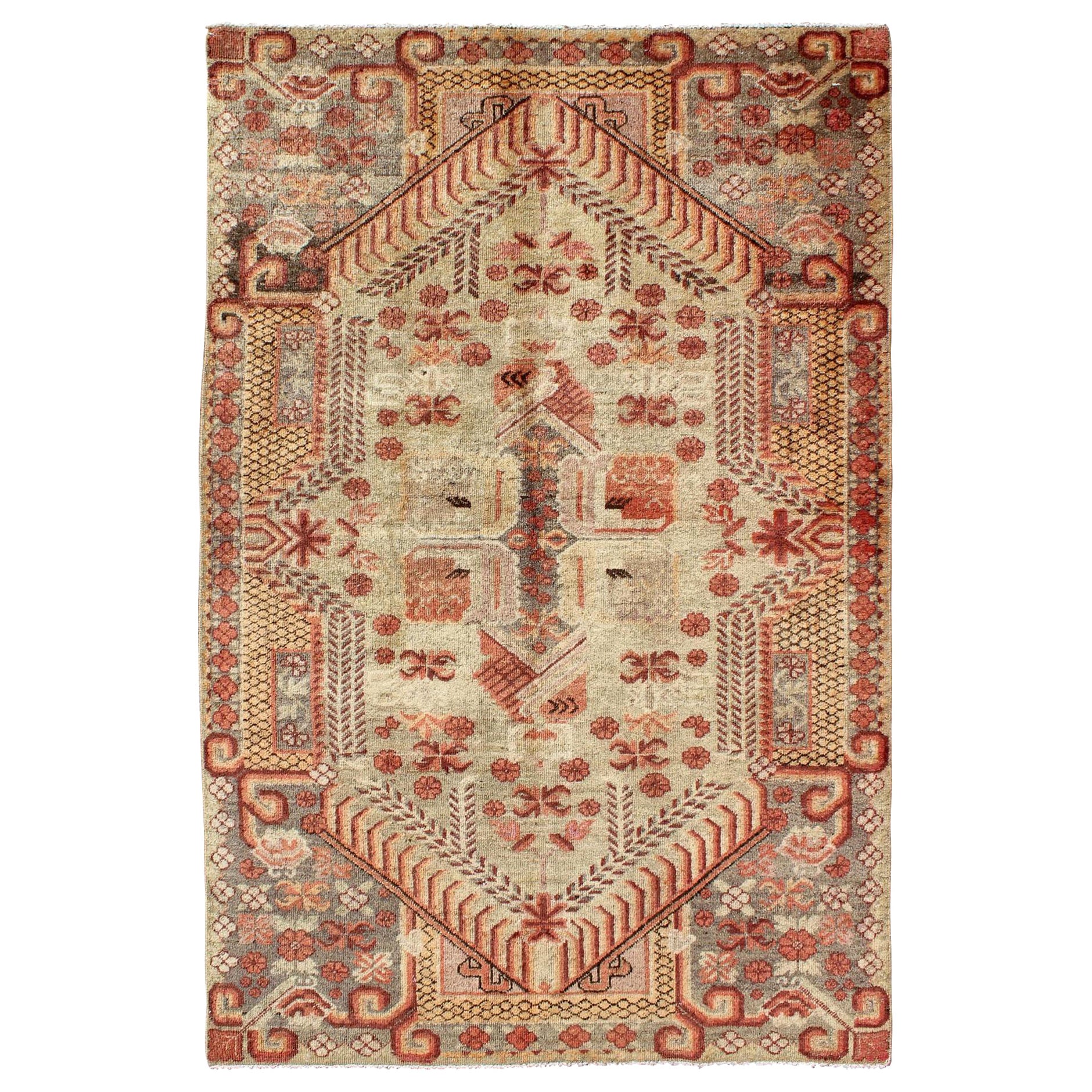 Antique Khotan Rug with Unique Pattern in Gray Border, Soft Yellow Green Field