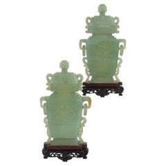 Retro Pair of 20th Century Chinese Carved Bowenite Lidded Urns.