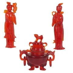 Vintage Chinese Three-Piece Garniture Carved in Created Cherry Amber