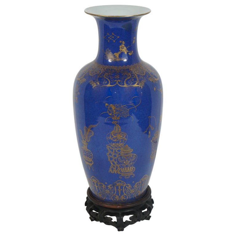 Chinese Early 19th Century Powder Blue Glazed Gilt Overlay Vase For Sale