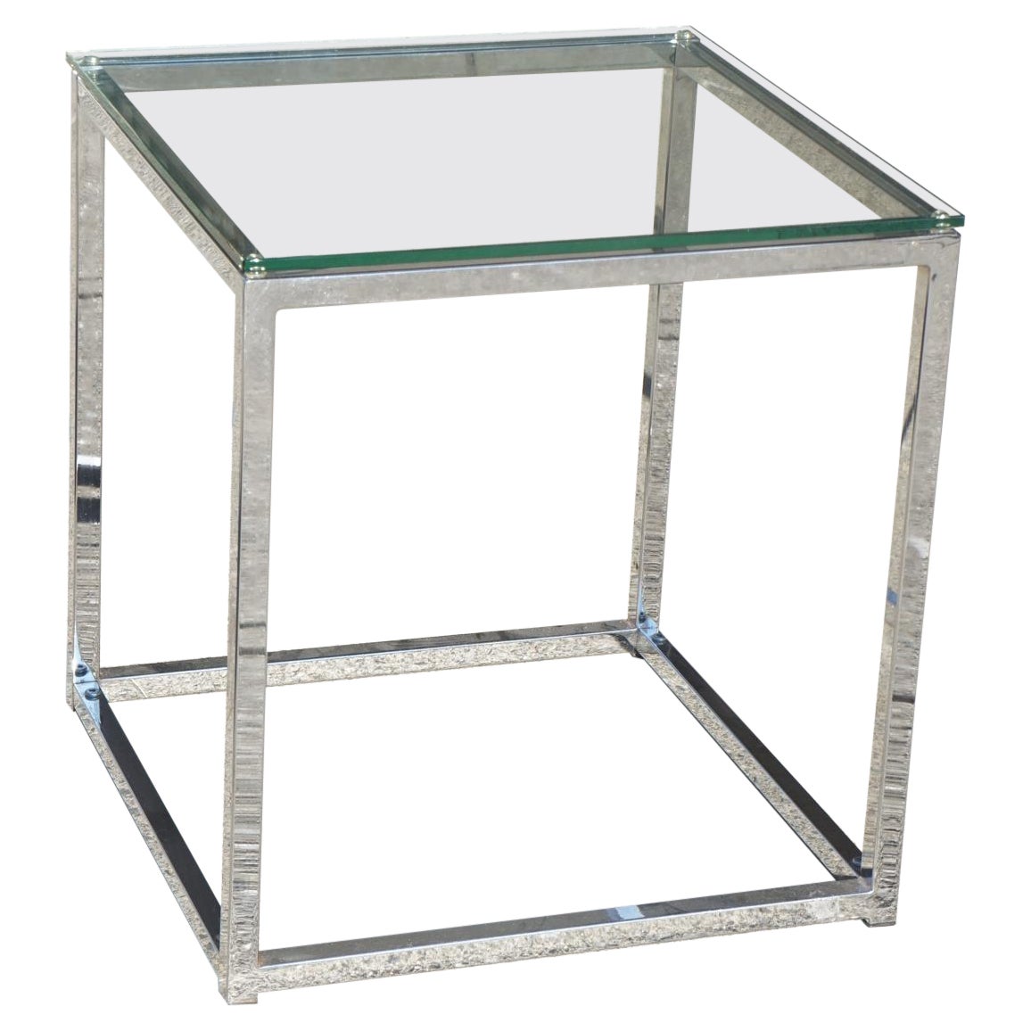 Vintage Small Modernist Chromed and Glass Cube Low Side Table For Sale