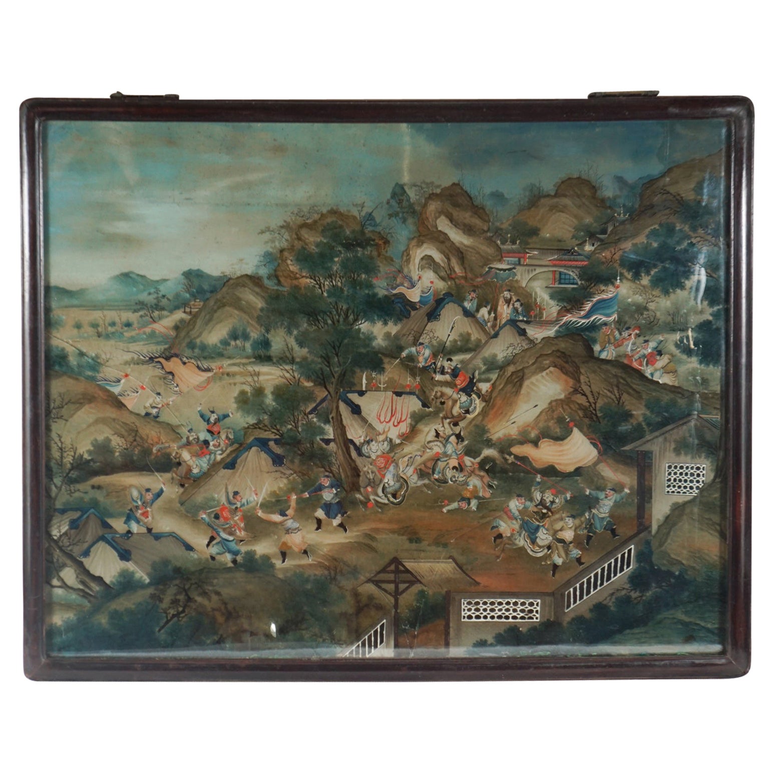 Chinesisches rückseitiges Gemälde des späten 18. Jahrhunderts auf Glas in seinem Originalrahmen